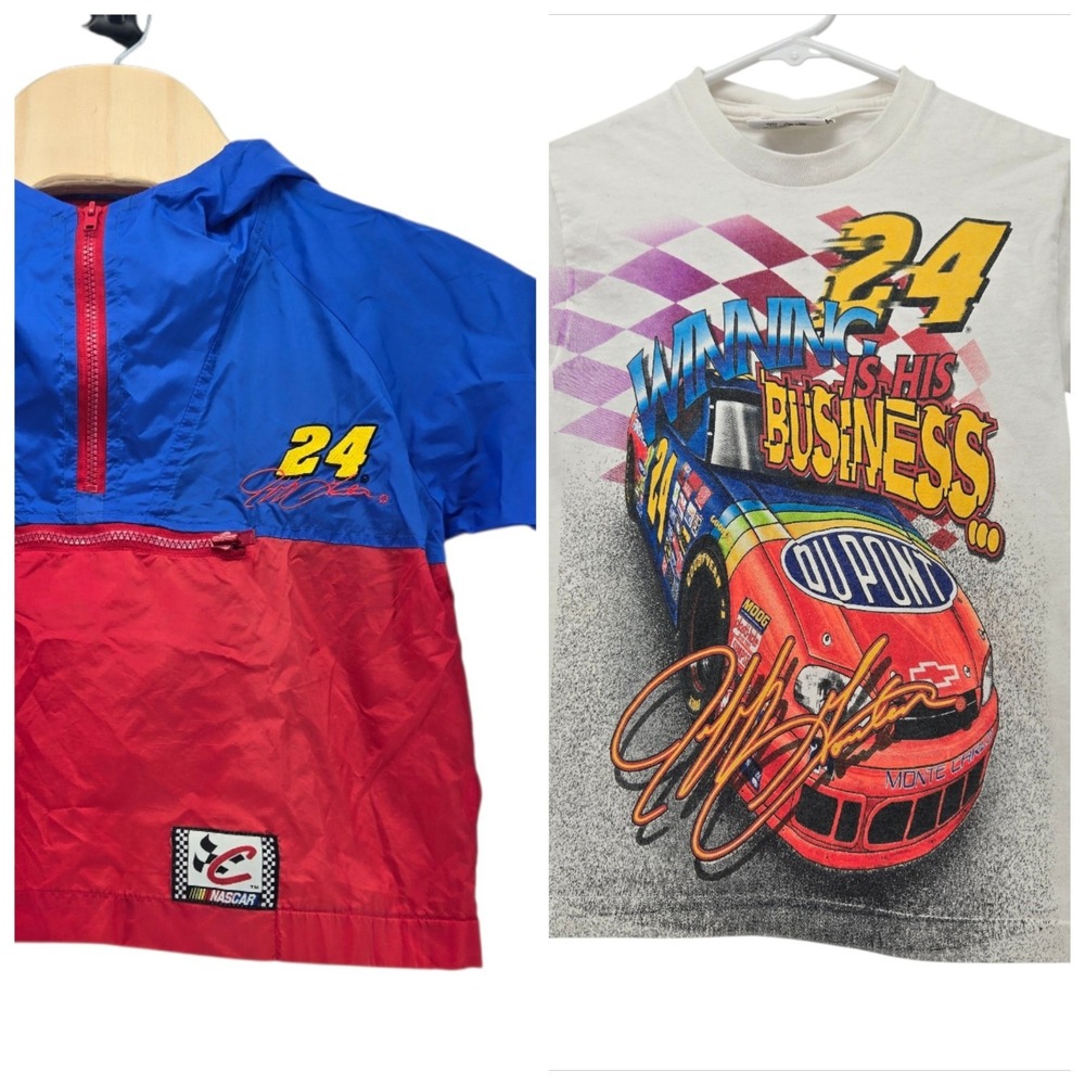 Vtg 90s Jeff Gordon Lot Of 2 NASCAR Racing DuPont Youth S/M AOP Shirt Windbreake